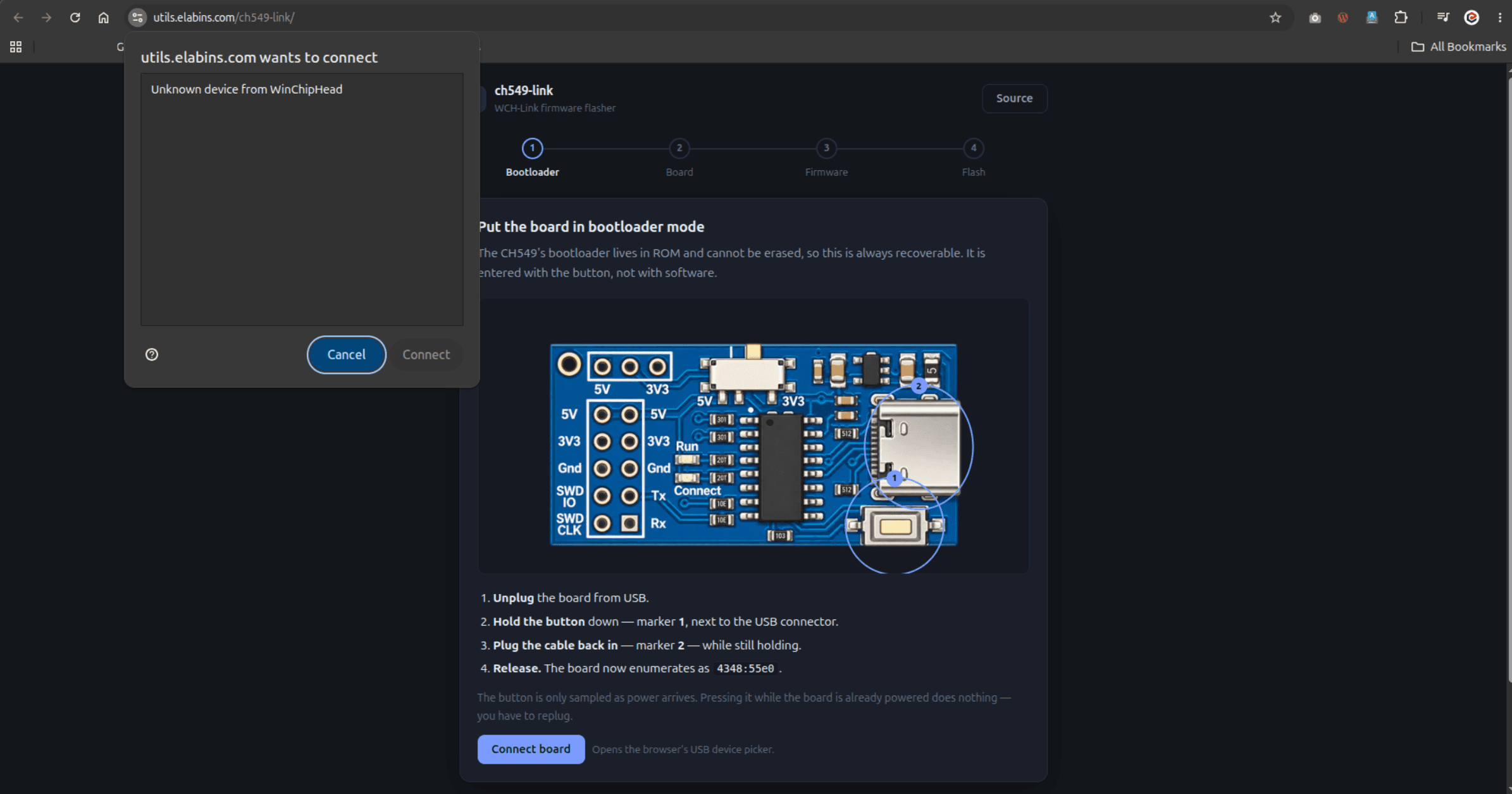 Browser USB device picker showing a single entry reading Unknown device from WinChipHead