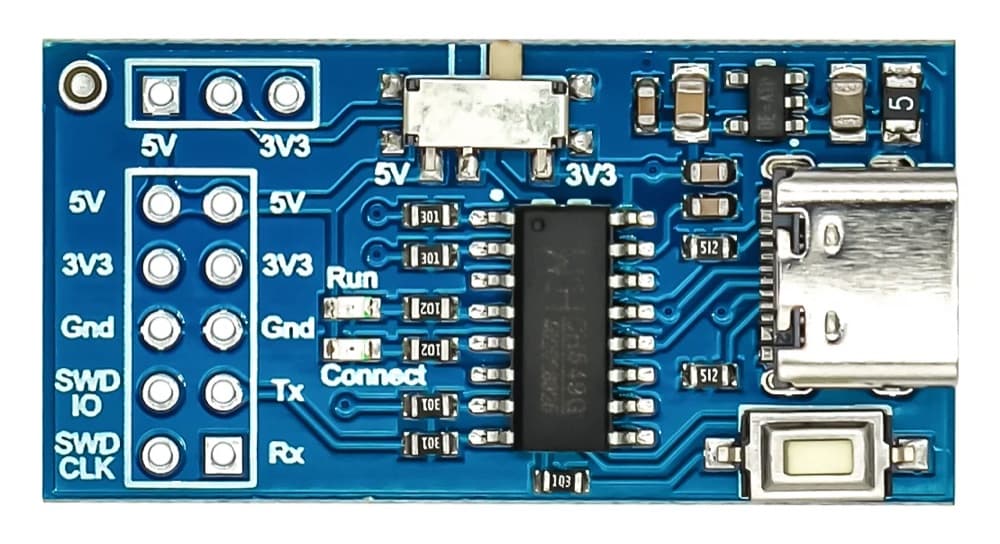 Top of the clone board: the CH549 in SOP-16, the 5V/3V3 slide switch, the USB-C connector and the bootloader button