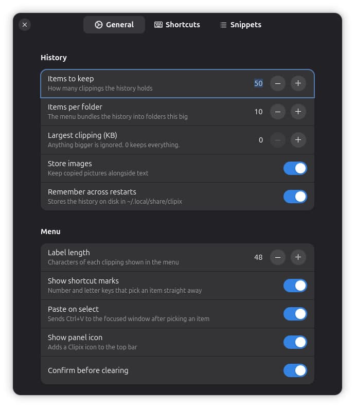 The Clipix preferences window, General page