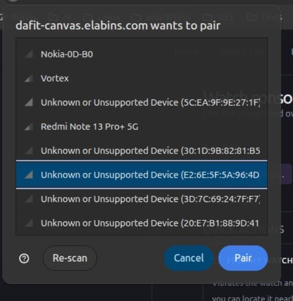 DaFit Canvas listing the beacon's exact BLE MAC.