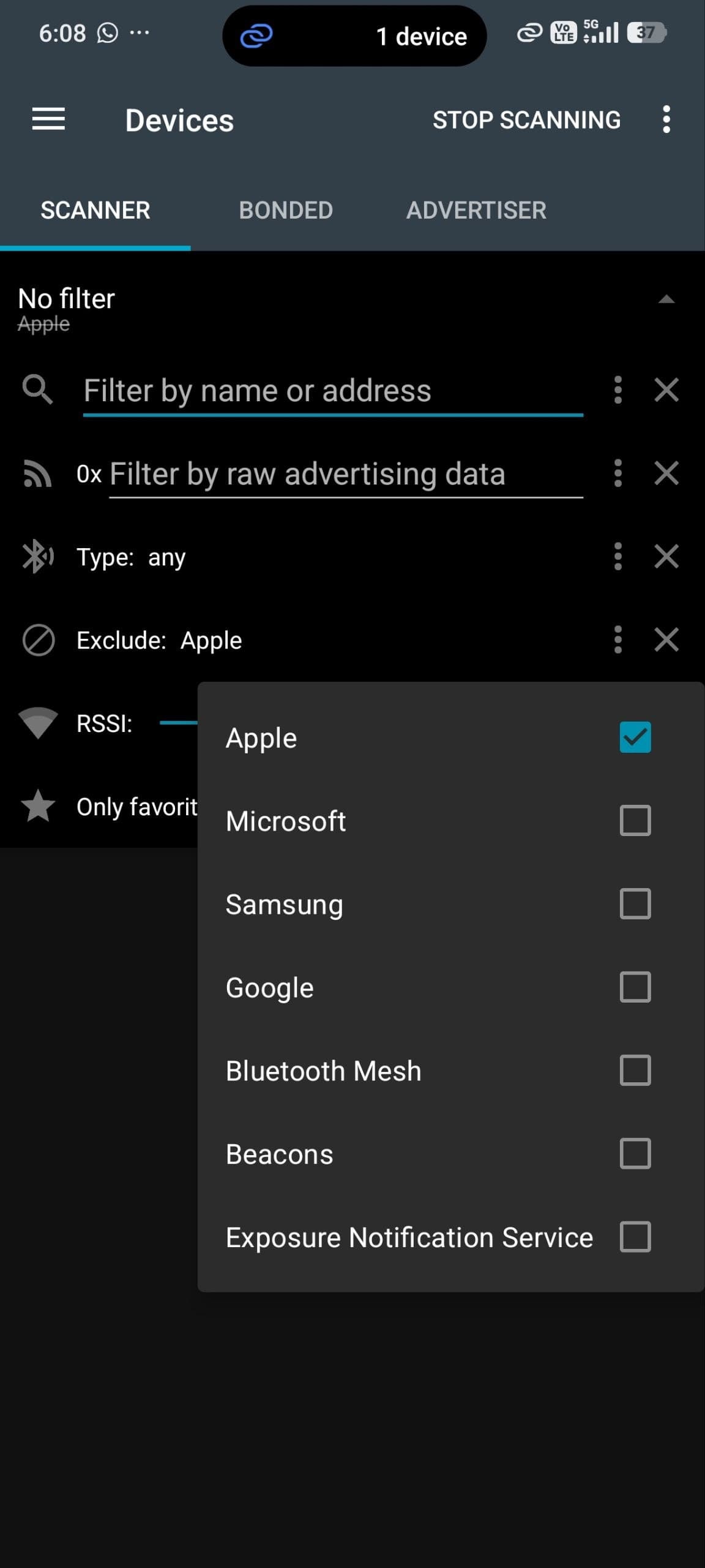 nRF Connect's manufacturer filter, with Apple excluded by default.