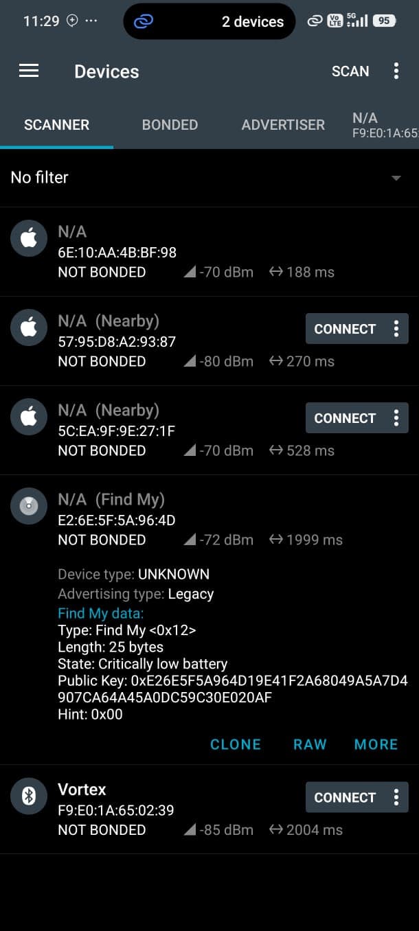The Find My advertisement decoded once the filter is off.