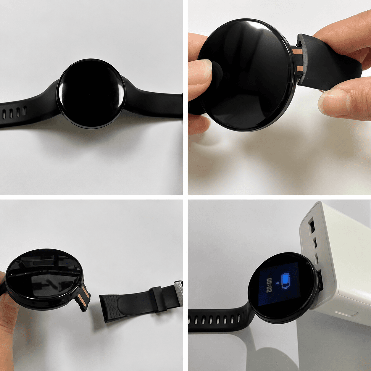 The reassembled watch charging on a USB brick.