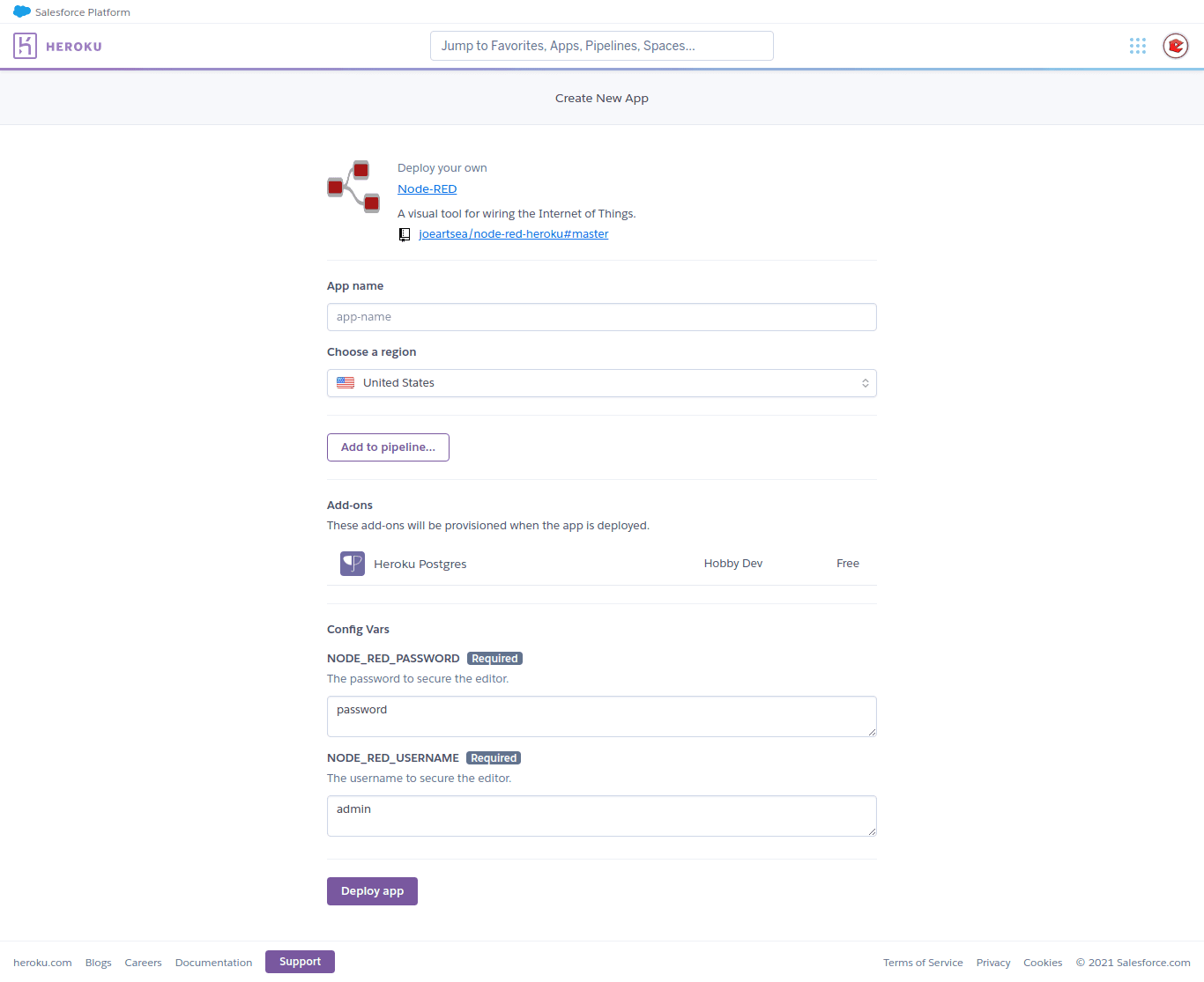 Heroku Create New App Page
