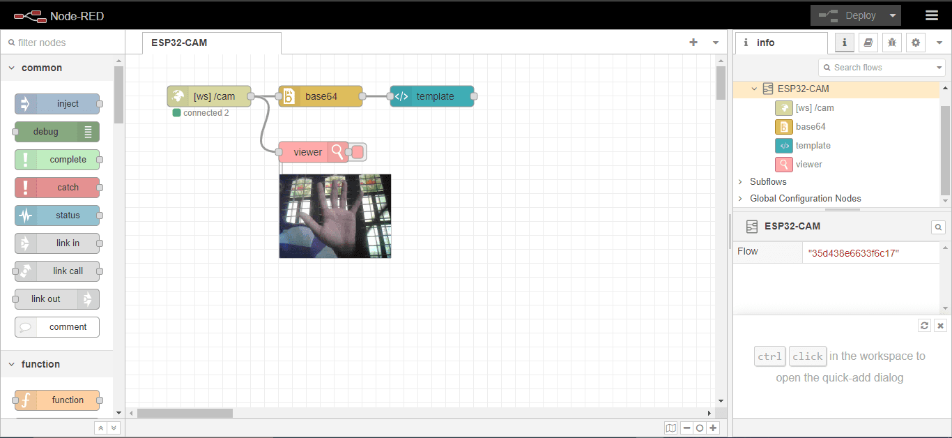 Video showing on the Node-Red flow side