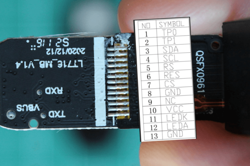 Watch motherboard marked LT716_MB_V1.4 with the display flex connector exposed and a 13 pin symbol table overlaid, listing TP0, TP1, SDA, SCL, RS, RES, CS, GND, NC, VCC, LEDK, LEDA and GND