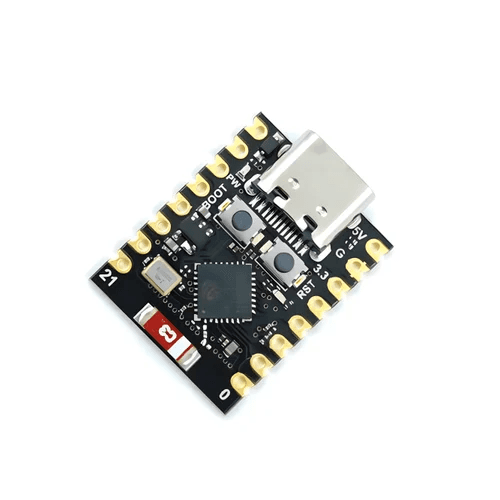 ESP32-C3 SuperMini development board, small black PCB with a USB-C socket, two buttons and castellated pads along both edges