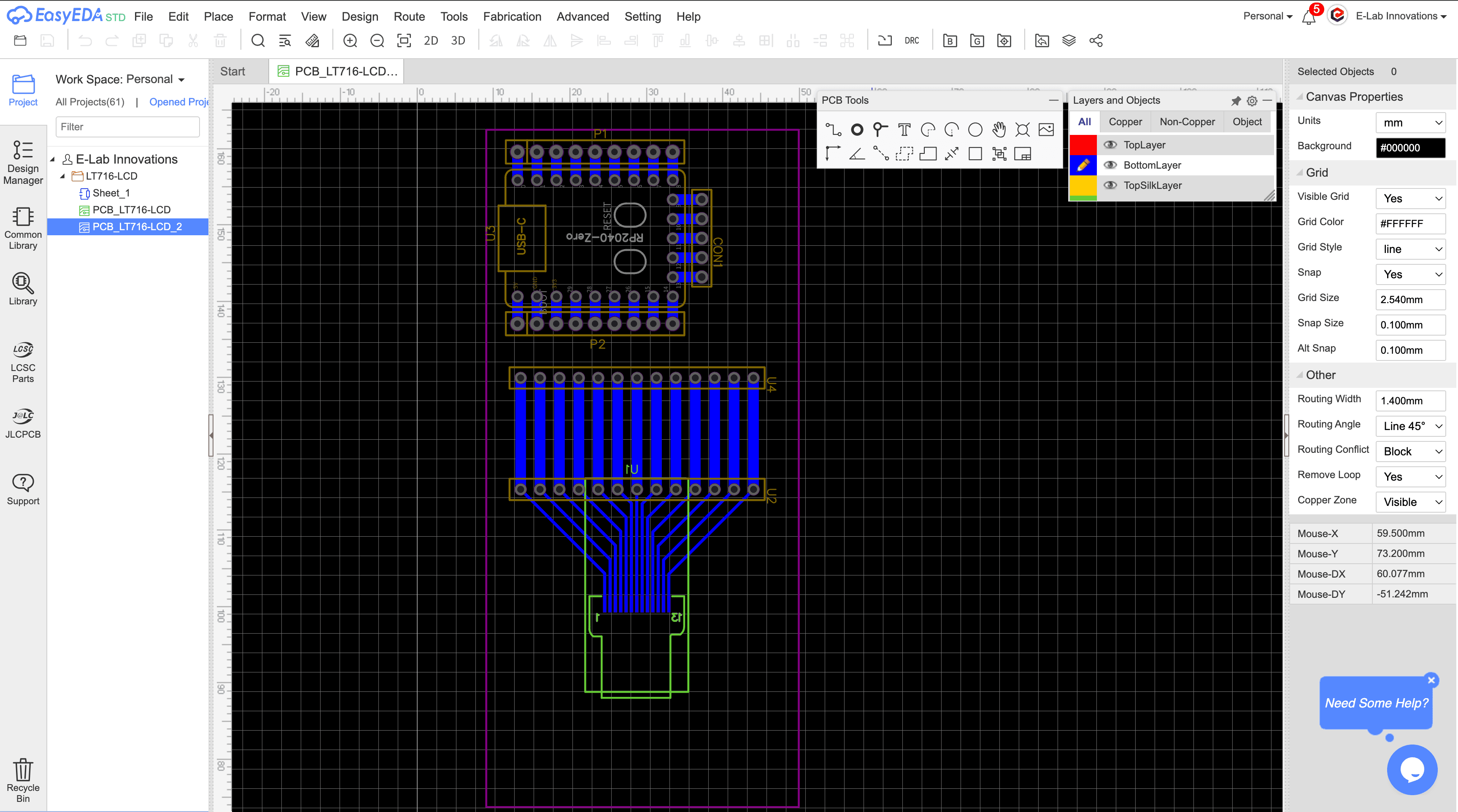 EasyEDA PCB editor showing the LT716-LCD board layout, with an RP2040-Zero footprint at the top and blue traces fanning out from a narrow flex connector footprint at the bottom