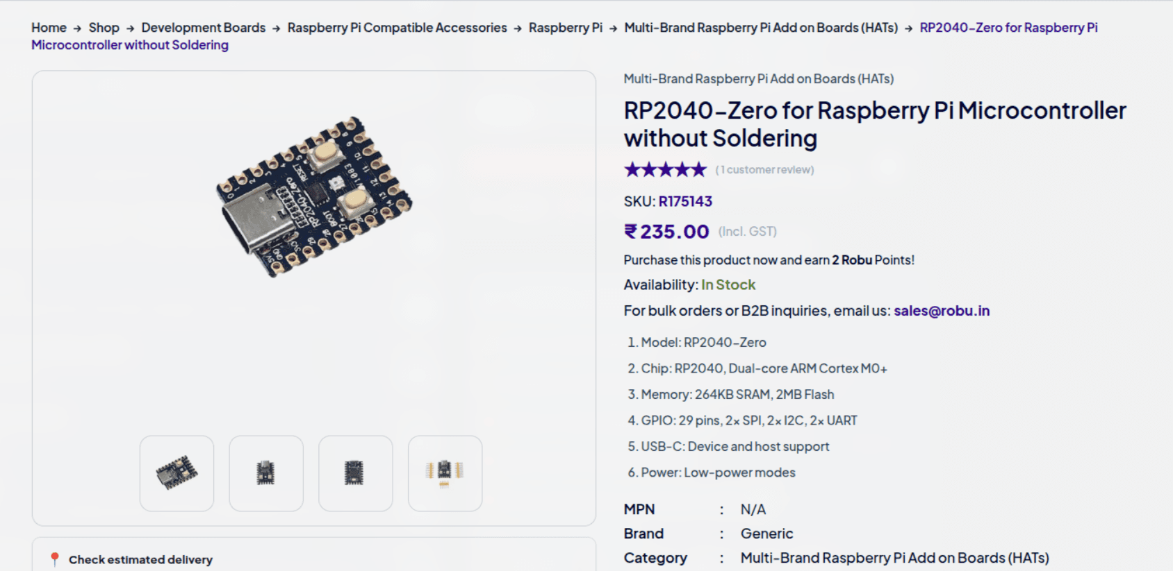 Online store listing for an RP2040-Zero board at ₹235, showing specifications for a dual core RP2040, 264KB SRAM, 2MB flash and USB-C